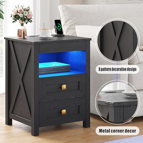 TAGELIER Farmhous Nightstand with Gun Drawer,Bedside Table with Charging Station, Gun Night Stand with LED Light & Human Sensor,Smart End Table for Bedroom, Black TAGELIER