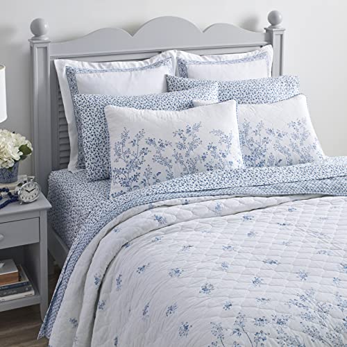 Laura Ashley Home - Queen Quilt Set, Reversible Cotton Bedding with Matching Shams, Pre-Washed Home Decor for Added Softness (Flora Blue, Queen) Laura Ashley