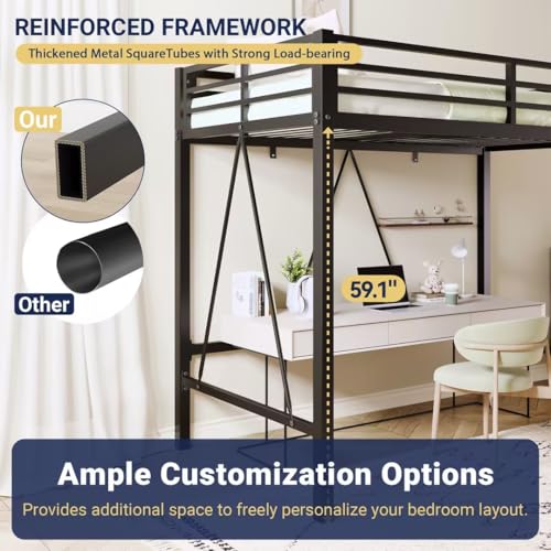 Allewie 72 Inches Tall Loft Bed Twin Size with Ladder and Safety Guardrail for Teens and Adults, Heavy Duty Metal Single Loft Bed for Small Space, Noise Free, Black Allewie