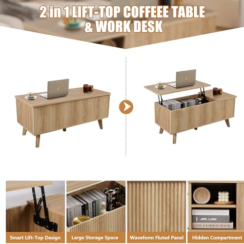 Wooden Fluted Lift Top Coffee Table with Hidden Compartment, Modern Rectangle Center Tables with Adjustable Storage Shelf, Lift Tabletop Dining Table for Home Living Room Office(Natural) XUZENEST
