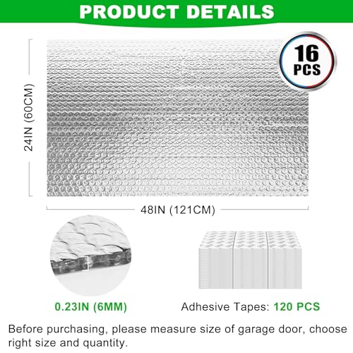 16P Garage Door Insulation Panels Kit 0.24' Thick Double Bubble Reflective Aluminum Foil Sheet Thermal Insulation Shield 120 Tapes Winter Clod and Summer Heat for Attic, Garage, Wall (24'' x 48'') MYFAMIREA