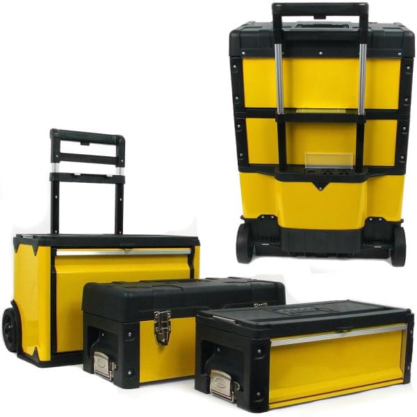 Portable Tool Box on Wheels - Stackable 3-in-1 Chest for Workshops and Craft Rooms - Foldable Comfort Handle and Latches by Stalwart (Black/Yellow) Stalwart