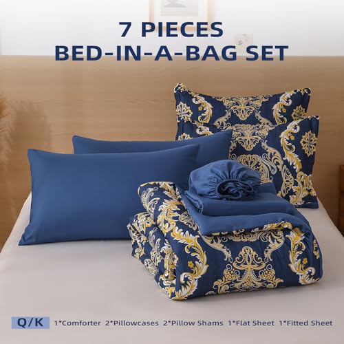 WONGS BEDDING Blue Gold Comforter Set King Size, Damask Texture 7 Pieces Bed in a Bag Microfiber Comforter Bedding Sets -1 Comforter, 1 Flat Sheet, 1 Fitted Sheet, 2 Pillow Shams, 2 Pillowcases WONGS BEDDING