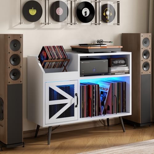 MULEJYBO Large White Record Player Stand with Magnetic Door,350 Vinyl Record Storage Cabinet, Record Player Table with Power Outlet & LED Light,Turntable Stand with Wood Legs for Living Room,Office MULEJYBO