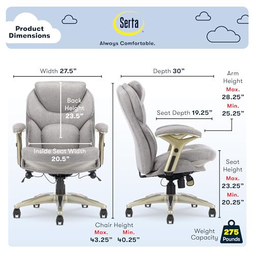 Serta Ergonomic Executive Office Chair Motion Technology Adjustable Mid Back Design with Lumbar Support, Light Gray Fabric Serta