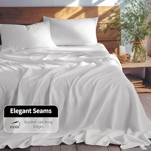 LBRO2M 100% Linen Sheet Set King Size, Bed Sheets 4 Piece Sets, Solid Color Natural Flax Bed Sheets Soft Breathable Bedding, 16" Deep Pocket, All Season (King, White) LBRO2M