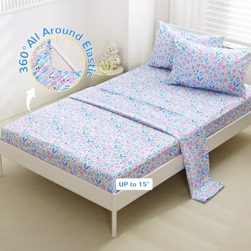 Viviland 3 Pieces Girls Purple Floral Twin Sheet Set - Soft Microfiber Fitted Flat Sheets & Pillowcase - Purple Colorful Flower Print Bedding Sets - for Kids & Toddlers Viviland