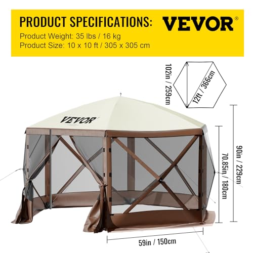 VEVOR Pop Up Gazebo Screen Tent, Pop-Up Instant Gazebo Tents with Mosquito Netting Outdoor Canopy, 6 Sided Sun Shelter 10x10ft with 6 Removable Wind Cloths & 2 Mesh Windows, Pavilion Tent for Patio VEVOR
