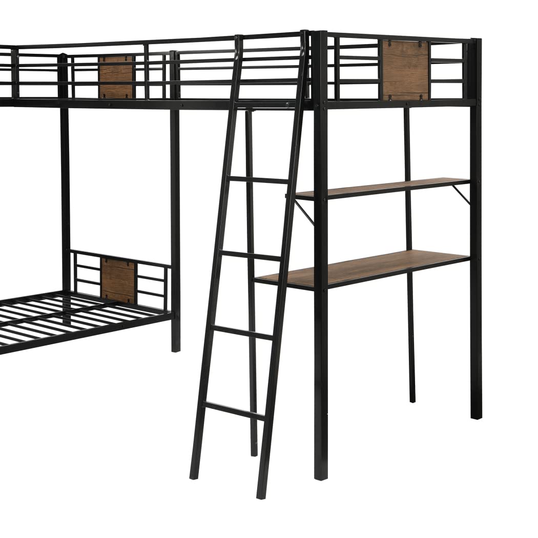 DNChuan Triple Bunk Bed L-Shaped,Twin Over Twin with Twin Loft Bed Desk and Shelf & 2 Ladders - Brown DNChuan