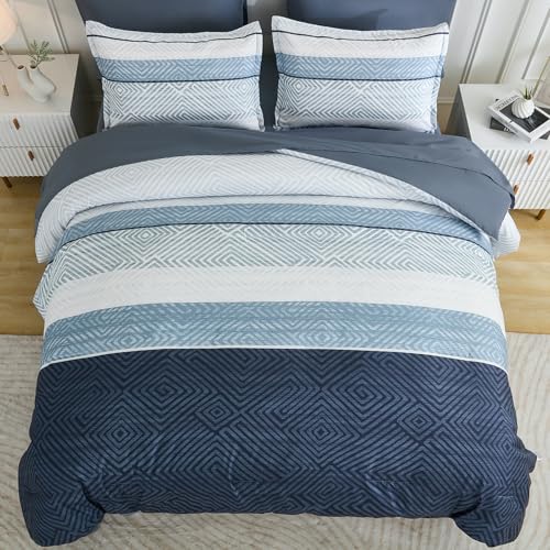 Drucon Comforter Set Queen Size 7 Piece Bed in a Bag Boho Blue Striped Bedding Set Soft Microfiber Comforter and Sheet Set for All Season (Queen, 90"x90") Drucon