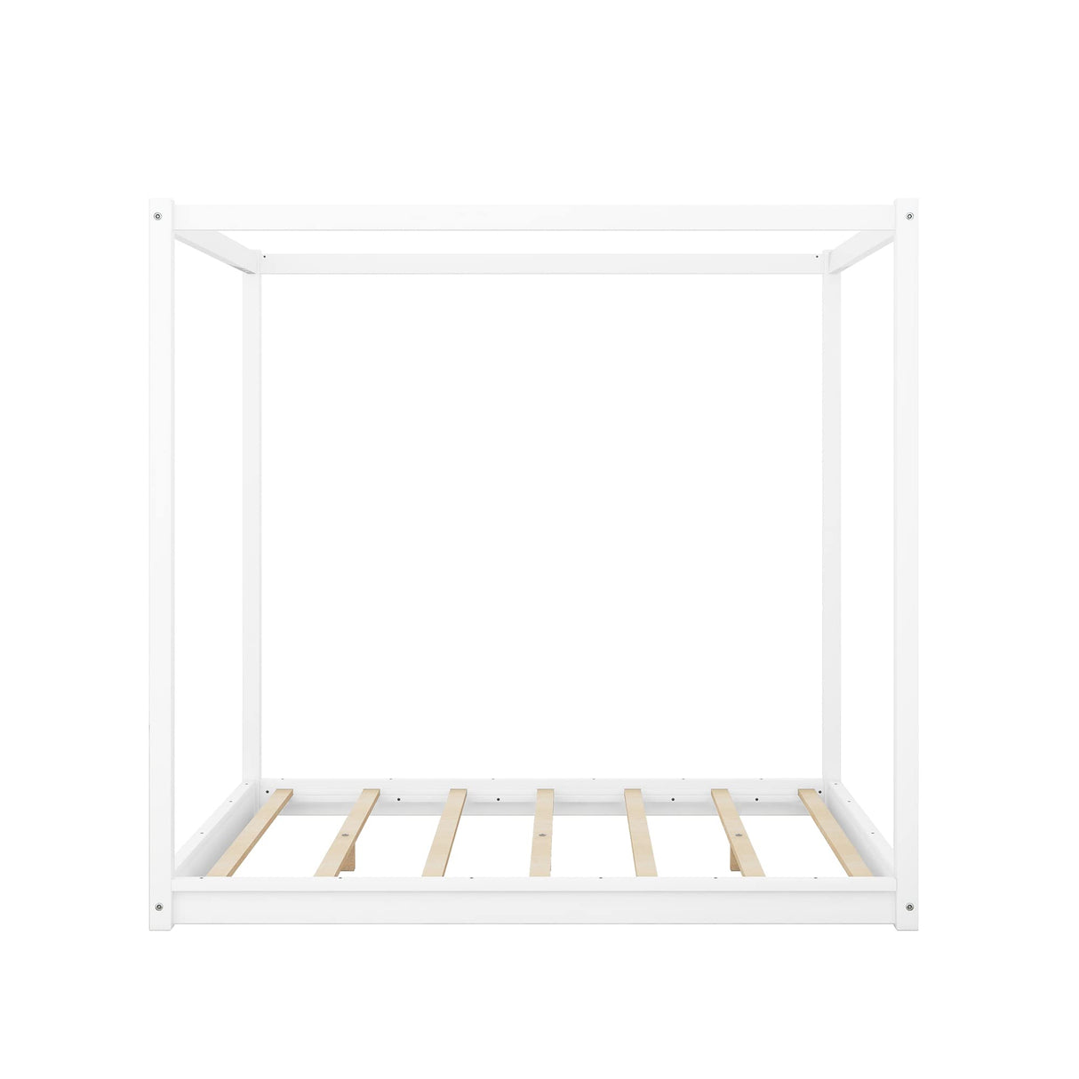 Bellemave Queen Size 4-Poster Canopy Floor Bed Frame in White - Durable Wood Platform with Slat Support Bellemave