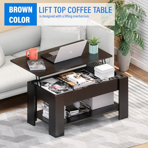 MGHH Lift Top Coffee Table with Hidden Storage Compartment & Open Shelves, 39" Rising Tabletop Table for Living Dining Room,Black MGHH