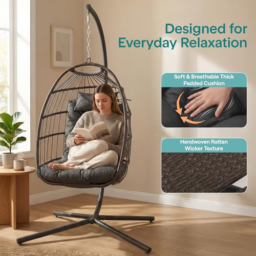 SereneLife Hanging Egg Chair with Stand - Wicker Rattan Outdoor Swing Chair, Powder-Coated Steel Frame, Padded Cushion & Headrest - Ideal Swinging Chair for Bedroom, Patio, Backyard - 350 lbs Load