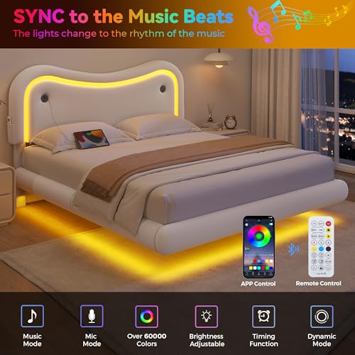 MapleGrace Full Size Floating Bed Frame with LED Lights, Velvet Upholstered Bed Frame with Headboard, Rounded Corners, Charging Station, No Box Spring Needed, Easy Assembly, White MapleGrace