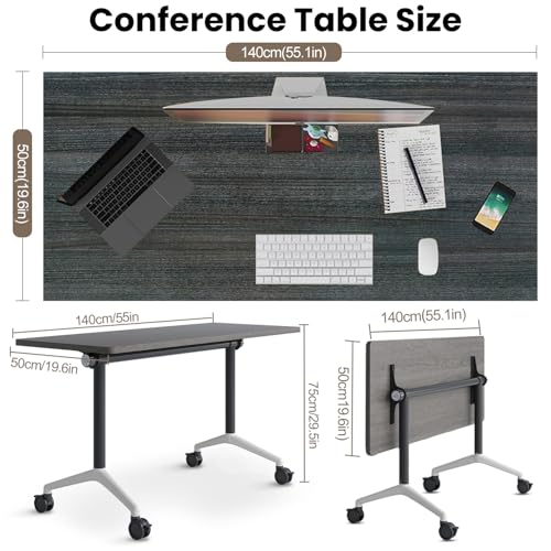 Conference Table, Folding Conference Room Tables, Modern Flip Top Seminar Training Meeting Table with Wheels, Modular Foldable Conference Tables for Home Office Classr (Gray 4 Pack 55.1inch) Ysjndasm