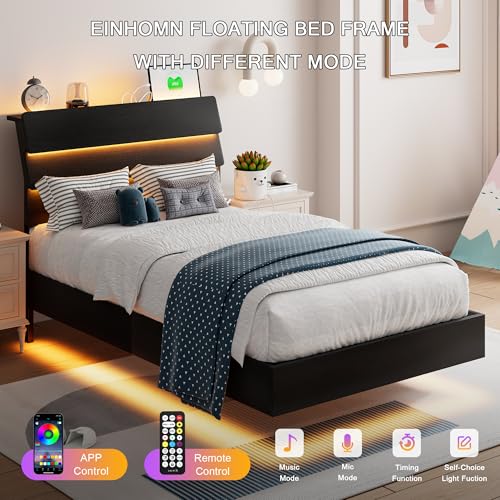 Einhomn Floating Bed Frame Twin Size with Led Headboard and Charging Station, Metal Platform Bed Base with Storage, Remote Control, Heavy Slats Support, No Box Spring Needed, Noise Free, Black Einhomn