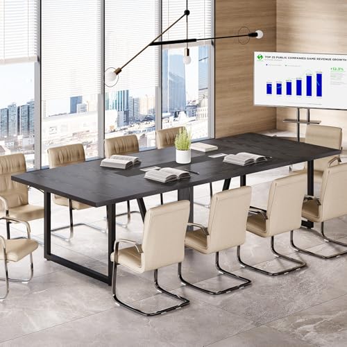 LITTLE TREE 8FT Conference Table for 10 People, Large Meeting Table, Modern Wooden Conference Room Table with Cable Management, Business Training Table with Strong Metal Legs for Office, Black LITTLE TREE