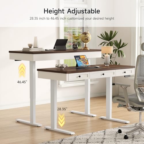 ONBRILL Standing Desk with 3 Drawers, 55 x 24 Inch Electric Height Adjustable Desk with Storage & Outlets, for Computer Workstation, Home Office, Retro Curved Table Corner & Drawers, Walnut ONBRILL
