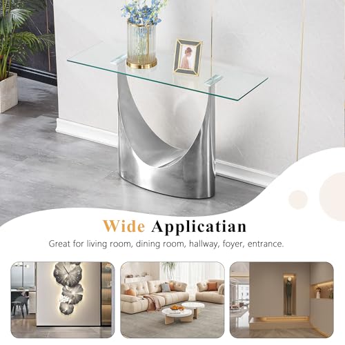Modern Entryway Console Table with Tempered Glass Top & U Shape Stainless Steel Pedestal Base, Long Consle Table Behind Couch, Hallway Table for Entryway, Living Room Console Table, Foyer Table,Silver TehRecBT