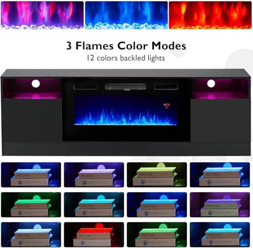 Breezestival Fireplace TV Stand with Two Hinged Doors for TVs UP to 80", Modern Electric Fireplace Entertainment Center with LED Lights & Storage Cabinets, TV Stand for Living Room 70" Black 21007BK Breezestival