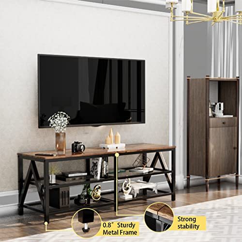 Katrawu TV Stand for TV up to 65 Inch, Long 55" TV Cabinet with 3-Tier Storage Shelves,Entertainment Center TV Console Table for Living Room with Industrial TV Metal Frame, Rustic Brown Katrawu