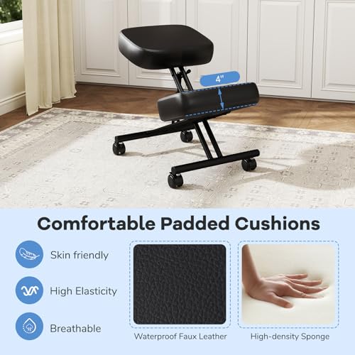 Goplus Kneeling Chair, Upholstered Mobile Desk Chair w/Adjustable Height, Thickened Sponge Cushion, 4 Lockable Universal Wheels, Office Home Padded Stool with Angled Seat, Black (1) Goplus