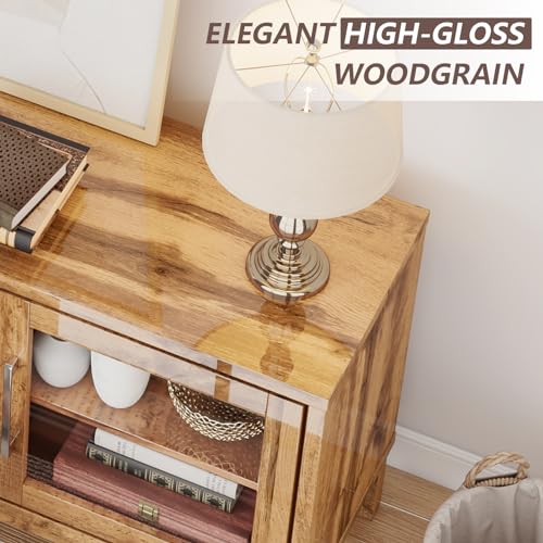 LUXOAK 63'' Modern Wood TV Stand for 70+ Inch TV, Mid Century High Gloss Entertainment Center with Glass Doors & Adjustable Shelf, Console Table with Storage Drawer for Living Room, Yellow Oak LUXOAK