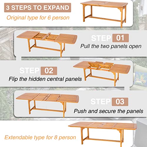 PHI VILLA 9 Pieces Acacia Wood Patio Dining Set for 8, Expandable Teak Dining Table & Wooden Chairs with Cushions, Farmhouse Dining Furniture Set for Outdoor Deck, Yard, Porch PHI VILLA