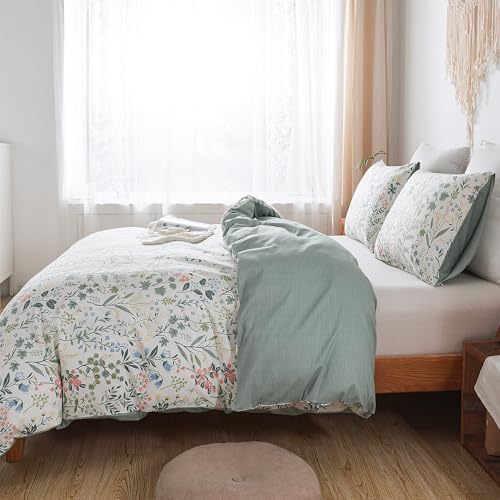 HoneiLife Duvet Cover Queen Size - 100% Cotton Comforter Floral Breathable Duvet Cover with Zipper Closure & Corner Ties,3pcs Wildflower Comforter Cover Sets- Fragrant Grass HoneiLife