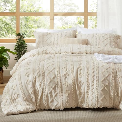 Bedsure Tufted Boho Comforter Set Full Size - Beige Boho Bed Set, GentleSoft™ 3 Pieces Farmhouse Shabby Chic Embroidery Bedding, Gifts for Woman, Soft Jacquard Full Comforter for All Seasons Bedsure