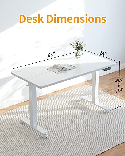 CubiCubi Electric Standing Desk, 63 x 24 Inches Height Adjustable Sit Stand Desk, Ergonomic Home Office Computer Workstation, White CubiCubi