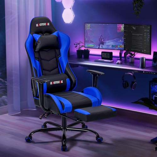ECOTOUGE PC Massage Gaming Chair with Footrest Ergonomic Office Desk Chair Racing PU Leather Recliner Swivel Rocker with Headrest and Lumbar Pillow, Blue ECOTOUGE