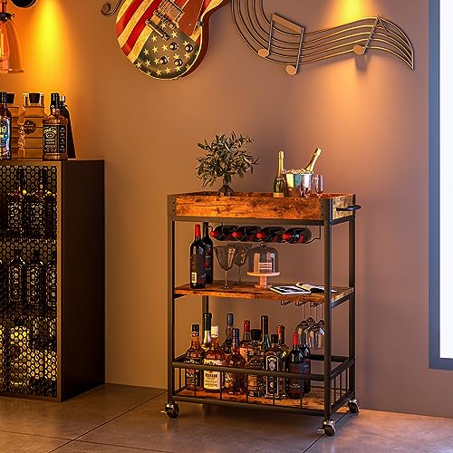 Azheruol Bar Cart Serving Wine 3 Tier Home Rolling Rack with Wheels Mobile Kitchen Industrial Vintage Style Wood Metal Serving Trolley Serving Cart,Glass Holder Bar Cabinet Azheruol