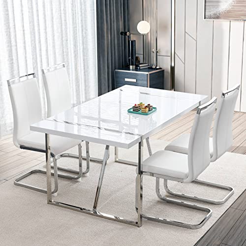 Dining Table Set for 4,White Rectangular MDF Kitchen Table and Leather Dining Chairs Set of 4, 5 Piece Dining Table Set,Modern Metal Frame Dining Room Table Set 4 with Metal Frame For Kitchen Ebullient