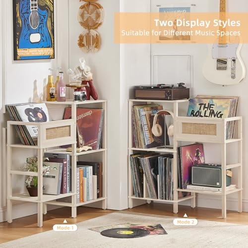 LELELINKY Record Player Stand, White Cream Oak Wood Record Holder with Vinyl Storage Holds up to 300+ Albums, 3-Tier Rattan Media Table with Vinyl Display Shelf, Record Storage Cabinet for Living Room LELELINKY