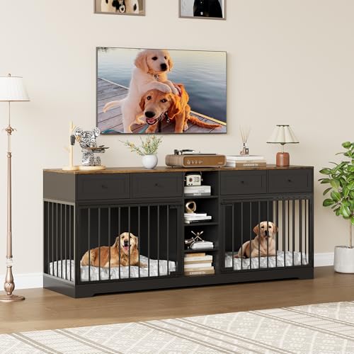 GAOMON Dog Crate Furniture for 2 Dogs, 82'' Large Dog Kennel Indoor with 4 Storage Drawers and 4 Shelves, Double Dog Crate TV Stand for Medium and Large Dogs, Black GAOMON