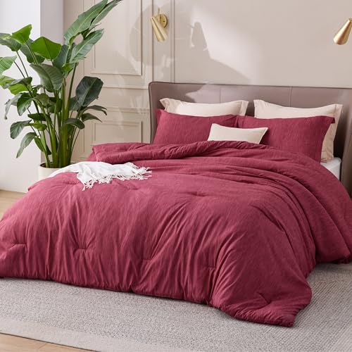Bedsure Queen Comforter Set - Dark Red Comforter Queen Size, Soft Bedding for All Seasons, Cationic Dyed Bedding Set, 3 Pieces, 1 Comforter (90"x90") and 2 Pillow Shams (20"x26"+2") Bedsure