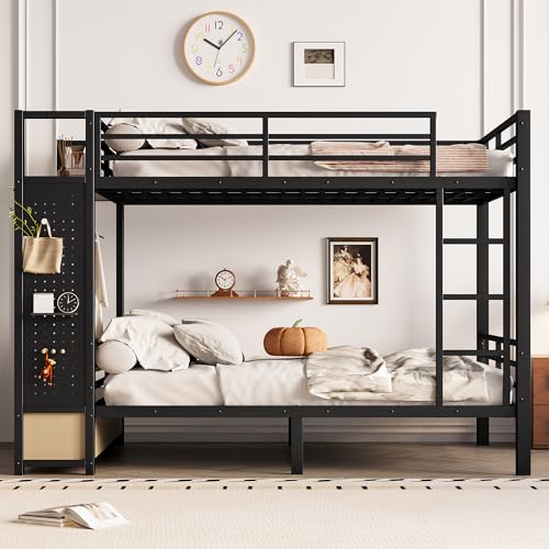 Bellemave Full Over Full Metal Bunk Bed with Storage Drawers and Shelves, Heavy Duty Bunk Beds with Pegboard and Coat Rack for Kids, Adults,Blackă Bellemave