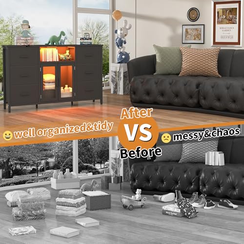 FFBCFDK Black Dresser for Bedroom Dresser TV Stand with Charging Station for 60" TV Long 6 Drawer Dresser for Bedroom with LED Light Large Fabric Dresser Organizer Unit Tall Chest of Drawers for Kids FFBCFDK