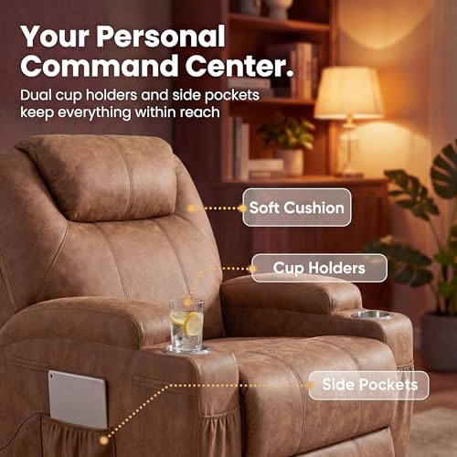 JUMMICO Small Swivel Rocker Recliner, 360 Rocking Chair Recliner with Massage, Upholstered Leathaire Rocker Recliner with Cup Holder for Living Room, Bedroom, Nursery (Dark Brown)