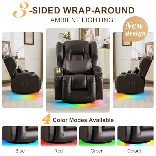 DRMBOOK Dual Motor Power Swivel Rocker Recliner Chairs, Electric Wall Hugger Reclining Sofa with Massage & Heat, Comfy Theater Seating with LED Light/USB/Type-C Ports (Leather Brown, Single Chair)
