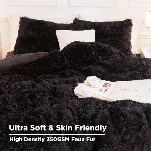 Andency Queen Comforter Set Black, Fluffy Winter Faux Fur Warm Soft Plush Bedding Comforter Set (1 Velvet Comforter & 2 Pillowcases), Fuzzy Thick Heavy Puffy Comforters Bed Set Andency