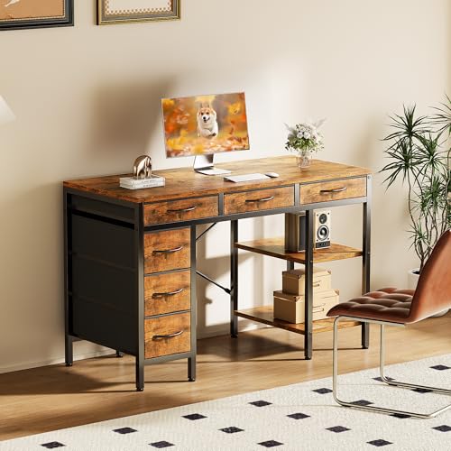 Sweetcrispy 47" Computer Desk with 6 Drawers, Home Office Gaming Desks with Storage Shelves for Bedroom, Writing Study Corner Living Room Work Table Rustic Brown Sweetcrispy