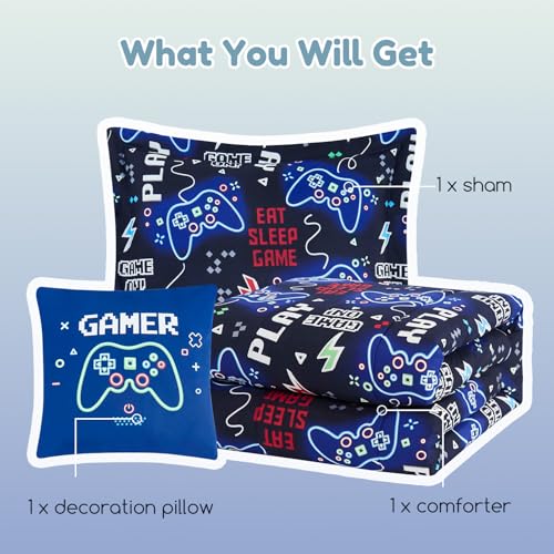 Wink Deer Twin Comforter Set for Boys-3 Pieces Gamer Glow in the Dark Twin Bedding Sets for Kids,1 Comforter,1 Sham and 1 Decor Pillow Wink Deer