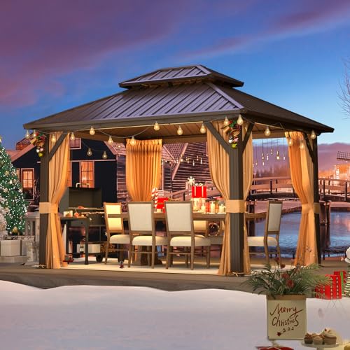 MELLCOM 10'x12' Hardtop Gazebo, Galvanized Steel Metal Double Roof Aluminum Gazebo with Curtain and Netting, Brown Permanent Pavilion Gazebo for Patio, Lawn & Garden MELLCOM