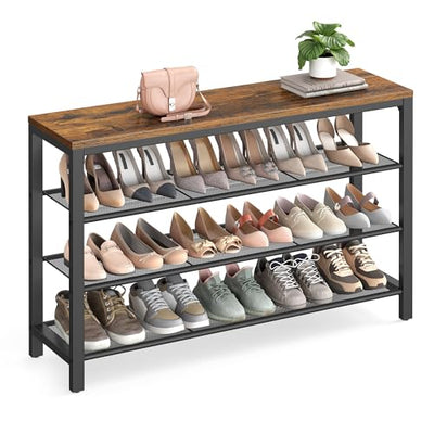VASAGLE 4 Tier Shoe Rack, Shoe Organizer for Closet, Entryway, 16-20 Pairs of Shoes, Large Shoe Rack Organizer with 3 Metal Mesh Shelves, 11.8 x 39.4 x 28.3 Inches, Rustic Brown and Black ULBS14BX