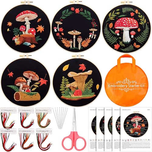 Crowye 5 Sets Mushroom Embroidery Kit Cross Stitch Kits for Beginners Cross Stitching Set for Adult DIY Stamped Starter Needlepoint with Thread Needle for Craft Lover