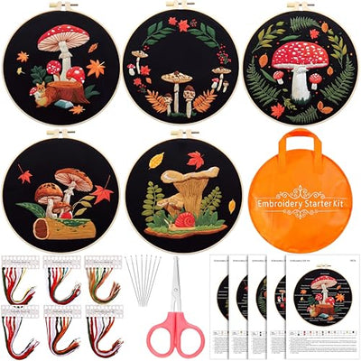 Crowye 5 Sets Mushroom Embroidery Kit Cross Stitch Kits for Beginners Cross Stitching Set for Adult DIY Stamped Starter Needlepoint with Thread Needle for Craft Lover