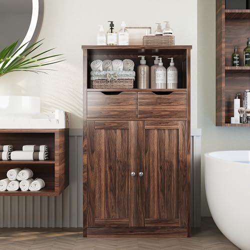 Shintenchi Floor Storage Cabinet, Bathroom Storage Organizer with Doors and Drawers, Freestanding Side Cupboard Pantry with Adjustable Shelf for Bathroom/Kitchen/Livingroom, Walnut Shintenchi
