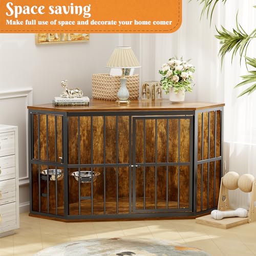 APRILSOUL 42 inch Furniture Dog Crate Corner, Dog Kennel Corner Wooden End Table with Bowl, Indoor Pet Crates Corner Side Table for Dogs, Wide Top Perfect for Limited Room APRILSOUL
